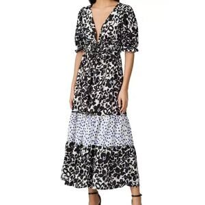 LOVE, WHIT by Whitney Port Dress Size XS Black White Blue Floral Puff Sleeve